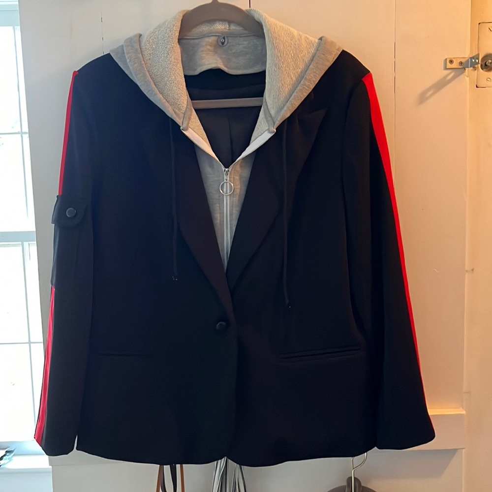 Dark Navy and Red Women's Blazer with Hoodie